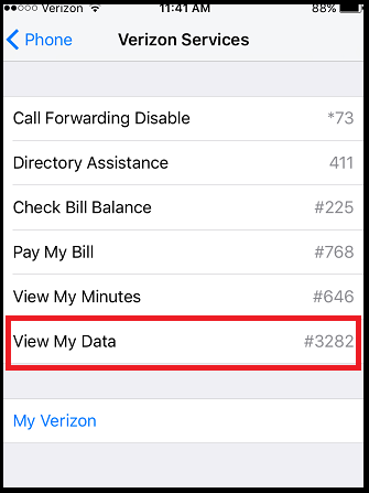 verizon view my data button